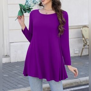 Womens 3/4 Sleeve Casual Flowy Loose Fit Swing Top Tunic, Purple, 3X